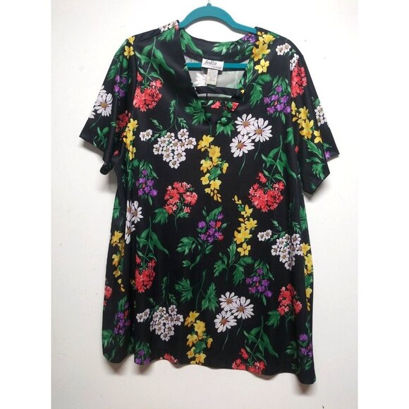 VTG Hawaiian blouse top 1X Black Floral Multicolor JoRo Fashions stretch SS EUC - Picture 7 of 7